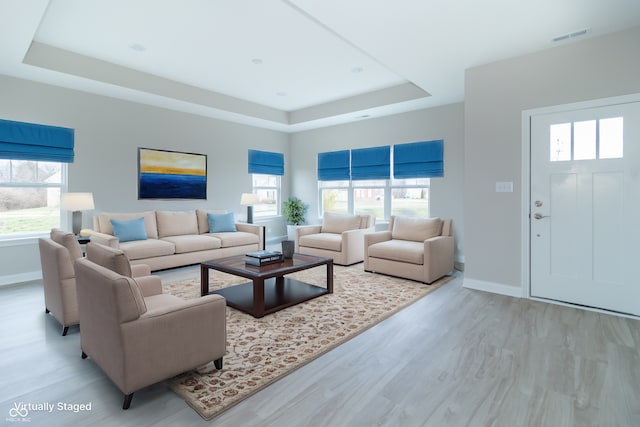 living room with light hardwood / wood-style floors and a wealth of natural light