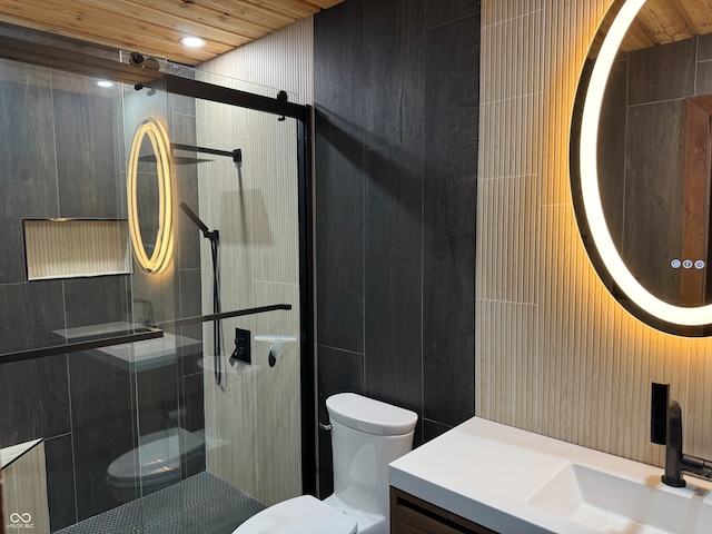 bathroom featuring a shower with door, vanity, toilet, and wooden ceiling