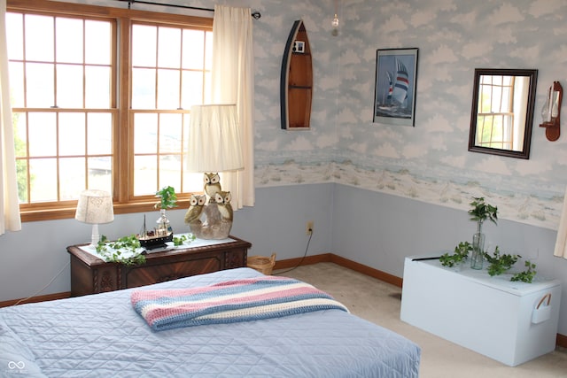 bedroom with baseboards, carpet flooring, and wallpapered walls