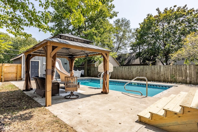 1715 Alabama St, Indianapolis, IN 46202 - view of swimming pool with a fenced in pool, a fenced backyard, a gazebo, a water slide, and a patio