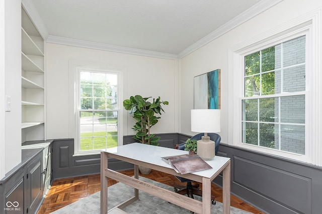 home office featuring crown molding, light parquet flooring, and a textured ceiling