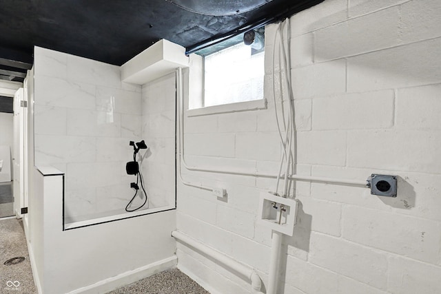 22 W 54th St, Indianapolis, IN 46208 - bathroom with a tile shower and concrete block wall