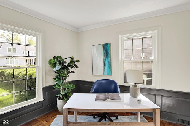 22 W 54th St, Indianapolis, IN 46208 - office with visible vents, ornamental molding, wainscoting, and a decorative wall