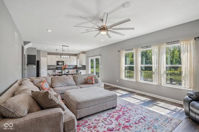 living room with ceiling fan and hardwood / wood-style flooring