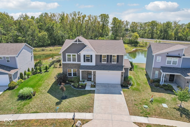 view of front property featuring a water view and a front yard