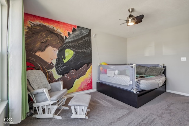 bedroom with ceiling fan and carpet