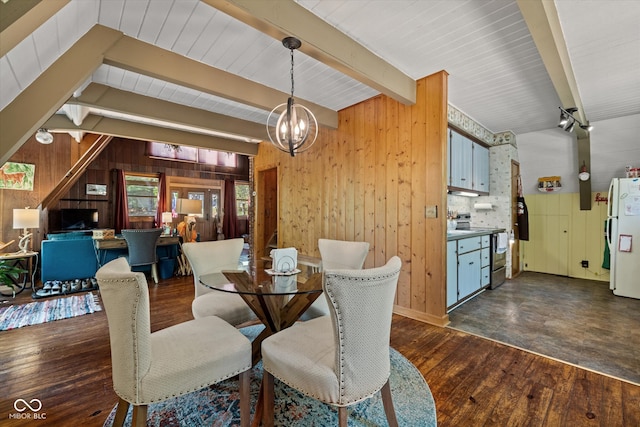 dining room featuring wooden walls, dark hardwood / wood-style flooring, and lofted ceiling with beams