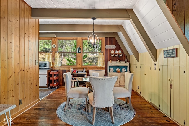 dining room with lofted ceiling with beams, wood walls, and dark hardwood / wood-style flooring