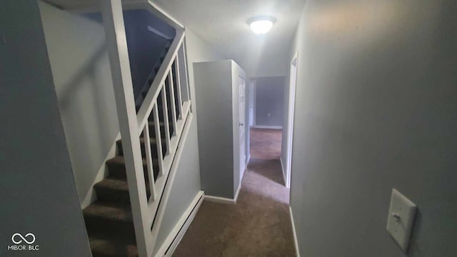 staircase featuring baseboard heating and carpet