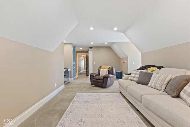 living room featuring light carpet and lofted ceiling