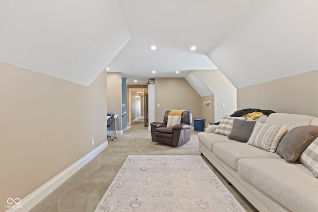 living area with lofted ceiling, baseboards, recessed lighting, and light carpet