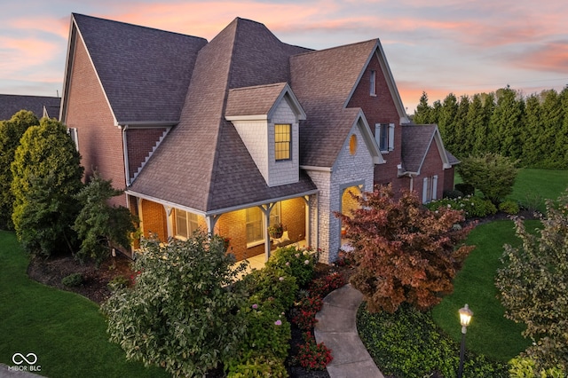 view of front of home featuring a front lawn, a shingled roof, and brick siding