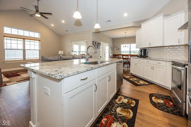 1569 Tupelo Dr, Greenfield, IN 46140 - kitchen featuring a sink, appliances with stainless steel finishes, a ceiling fan, an island with sink, and wood finished floors