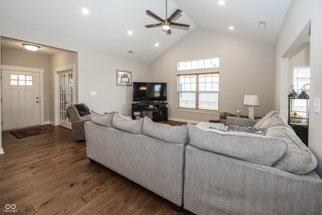 1569 Tupelo Dr, Greenfield, IN 46140 - living room with ceiling fan, recessed lighting, dark wood-style floors, high vaulted ceiling, and baseboards