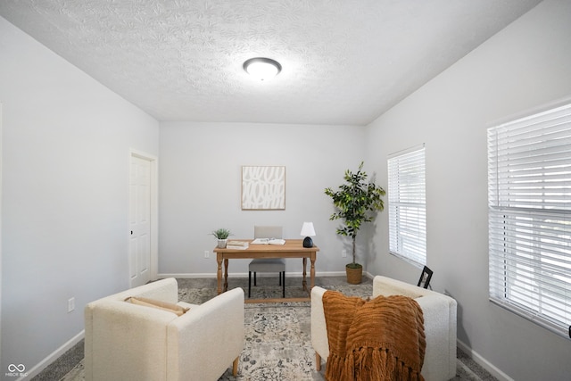 office area featuring a textured ceiling and carpet floors