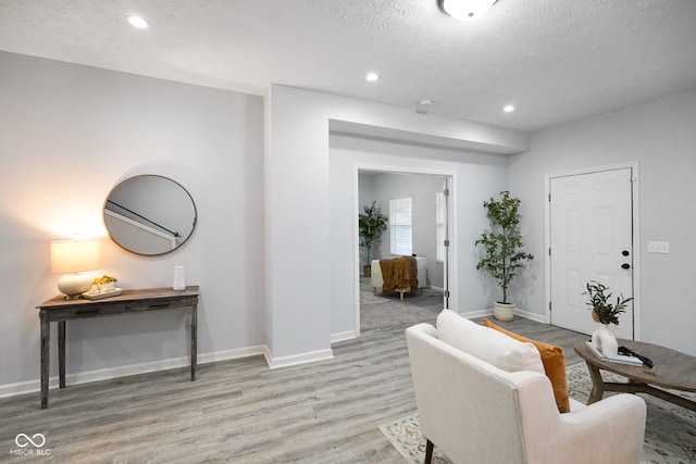 living room featuring a textured ceiling and light wood-type flooring