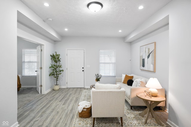 living room with a textured ceiling and light wood-type flooring