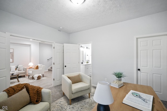 office space with carpet, a textured ceiling, and sink