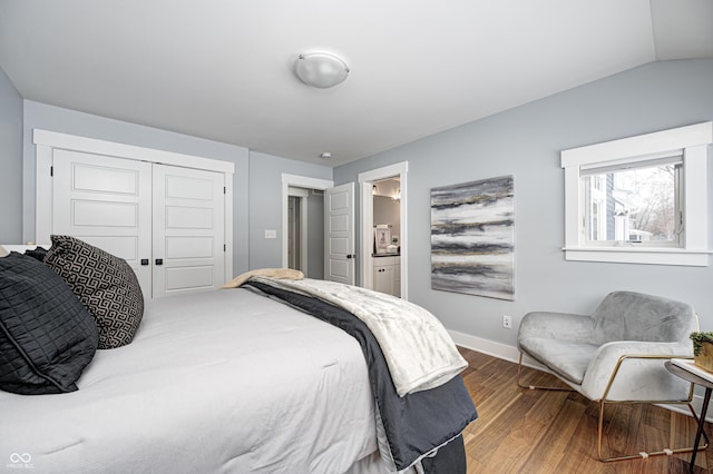 bedroom with lofted ceiling, wood-type flooring, a closet, and ensuite bathroom