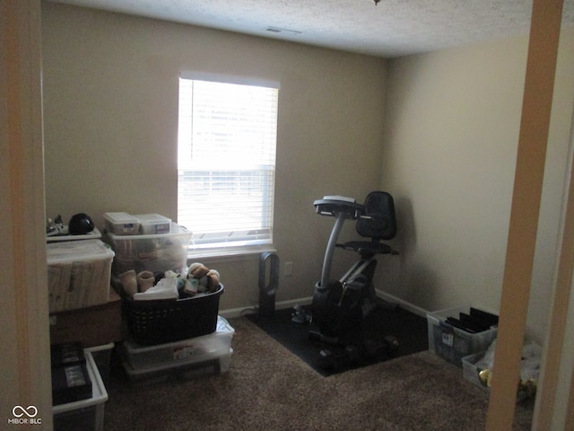 workout room featuring a textured ceiling and carpet flooring