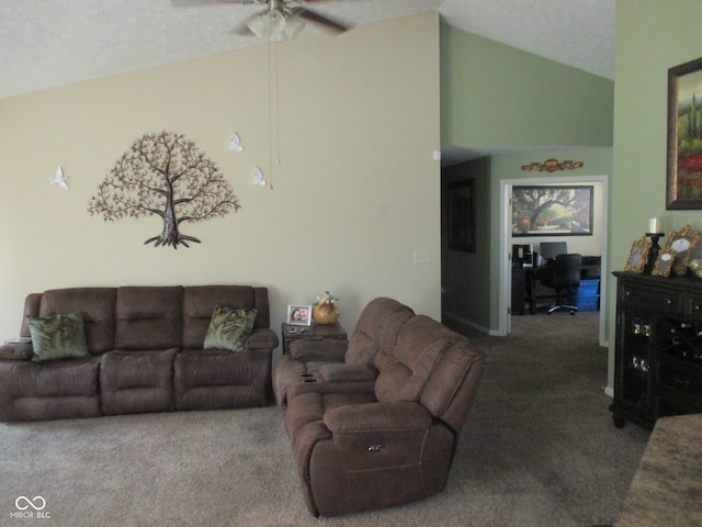 living room with a textured ceiling, carpet, ceiling fan, and high vaulted ceiling