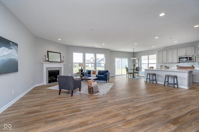 living room with a fireplace, dark hardwood / wood-style flooring, and sink