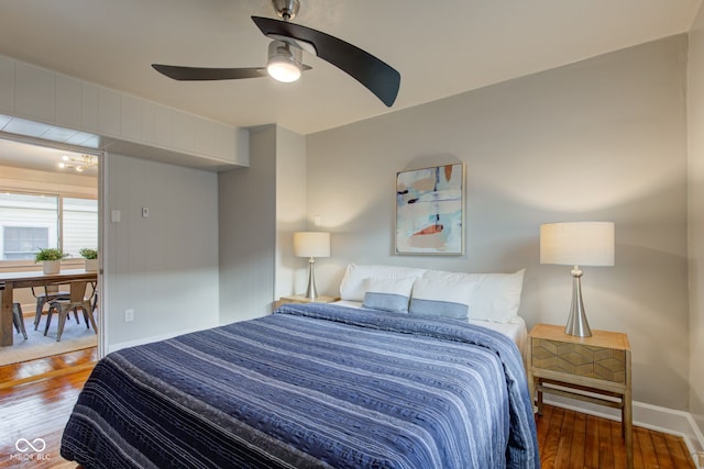 bedroom featuring ceiling fan and wood-type flooring