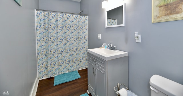 bathroom featuring vanity, toilet, curtained shower, and wood-type flooring