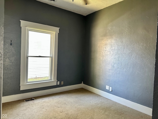 unfurnished room featuring carpet flooring, a textured ceiling, and a wealth of natural light