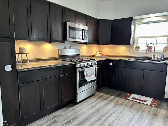 kitchen featuring sink, light wood-type flooring, and appliances with stainless steel finishes