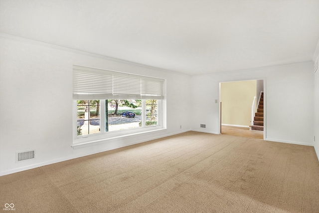 carpeted spare room featuring ornamental molding