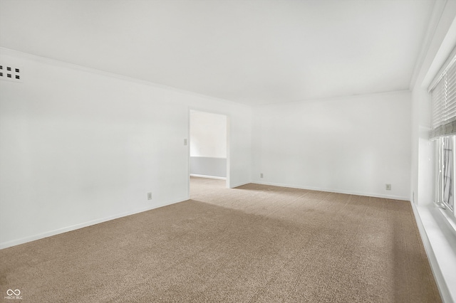 empty room featuring light colored carpet and ornamental molding