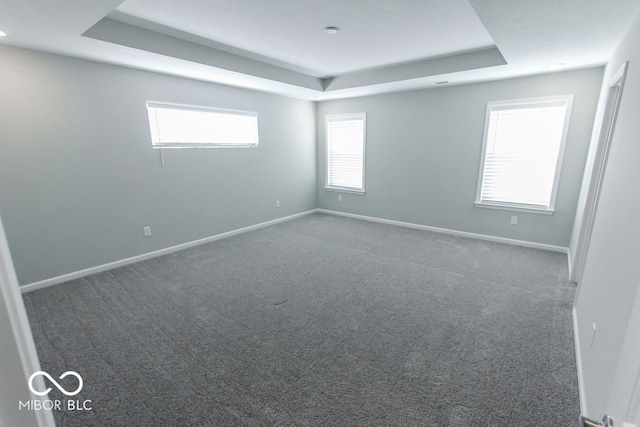 carpeted empty room with a tray ceiling