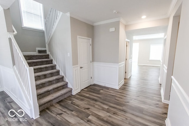 stairs with crown molding and wood-type flooring