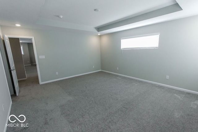 spare room with carpet flooring and a tray ceiling