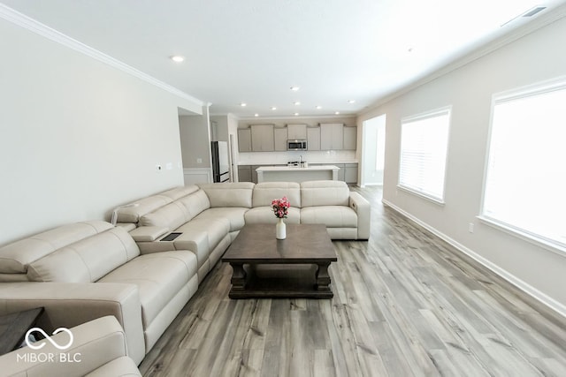 living room with light wood-type flooring and ornamental molding