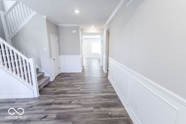 corridor featuring dark hardwood / wood-style flooring and crown molding