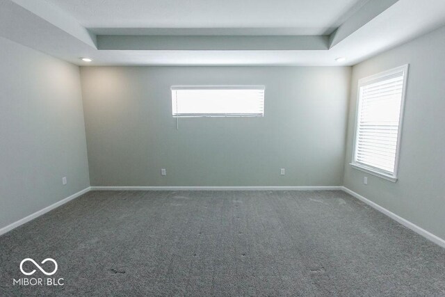 carpeted empty room with a tray ceiling