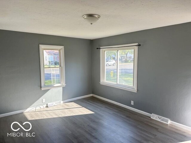 spare room with dark hardwood / wood-style flooring, a healthy amount of sunlight, and a textured ceiling