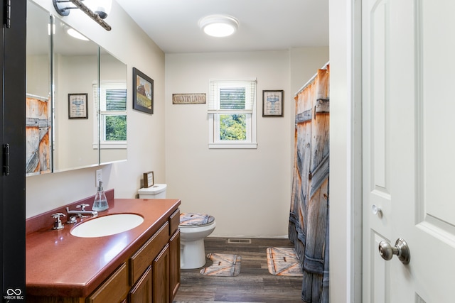 bathroom featuring vanity, toilet, hardwood / wood-style floors, and plenty of natural light