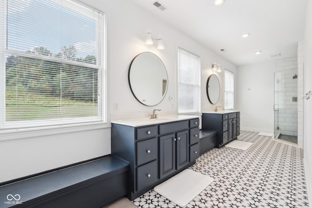 bathroom with a wealth of natural light, a shower with door, and vanity