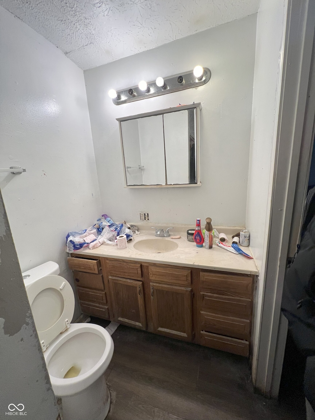 bathroom featuring wood-type flooring, toilet, a textured ceiling, and vanity