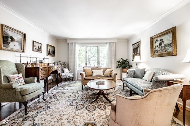 living room featuring wood-type flooring and crown molding