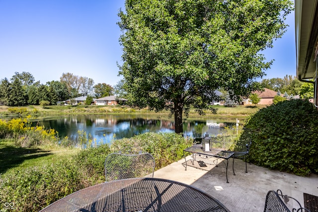 view of patio with a water view