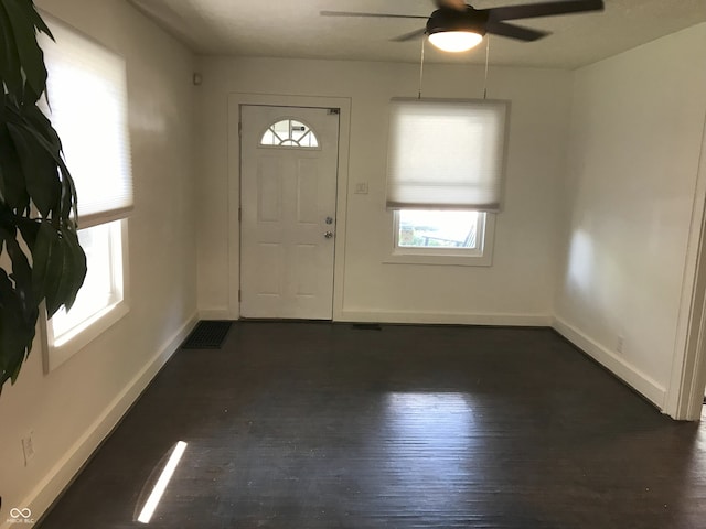 entrance foyer featuring ceiling fan and dark wood-type flooring