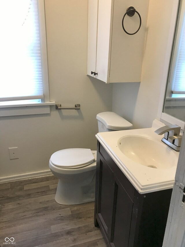 bathroom featuring wood-type flooring, vanity, toilet, and a wealth of natural light