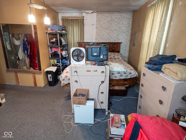 interior space featuring dark colored carpet