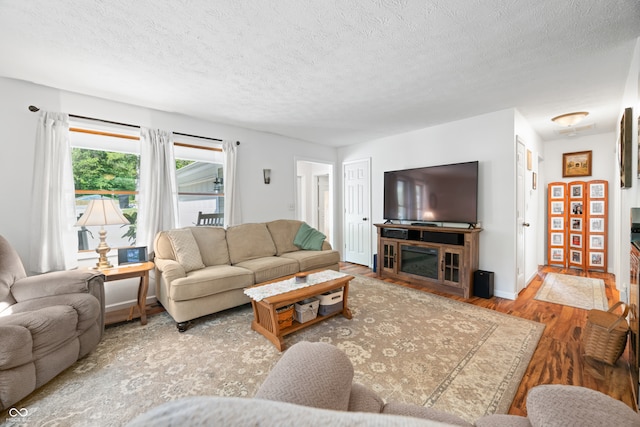 living room featuring wood-type flooring and a textured ceiling