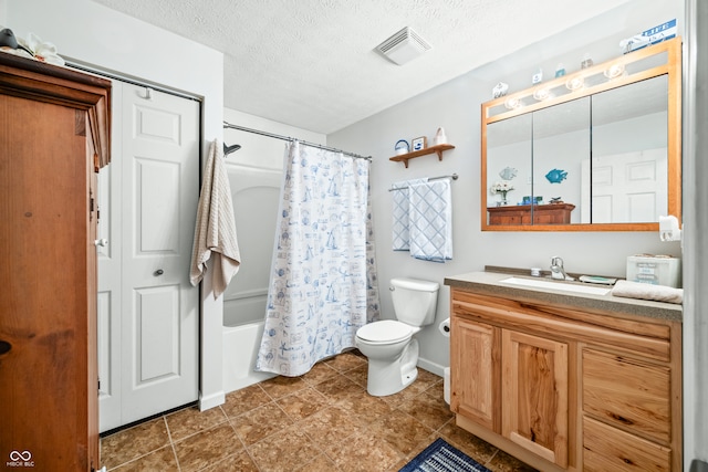 full bathroom featuring vanity, a textured ceiling, toilet, and shower / bathtub combination with curtain