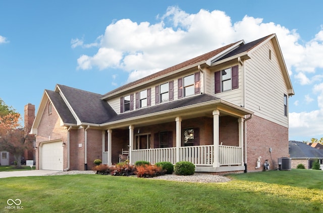 view of front of home with a garage, covered porch, central air condition unit, and a front lawn